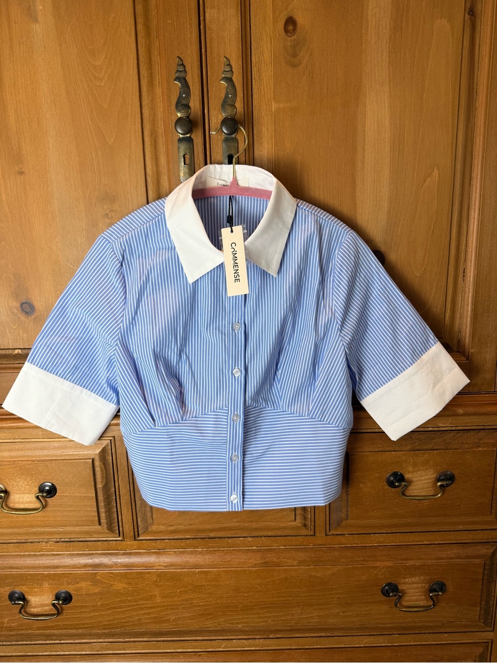 NWT Commense Blue & White Striped Crop Button-Up Shirt